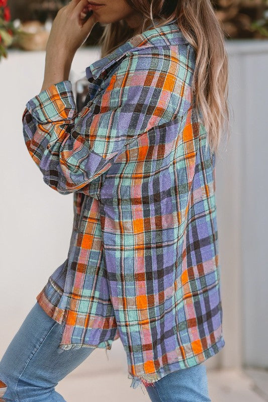 Plaid Print Drop Sleeve Loose Shirt