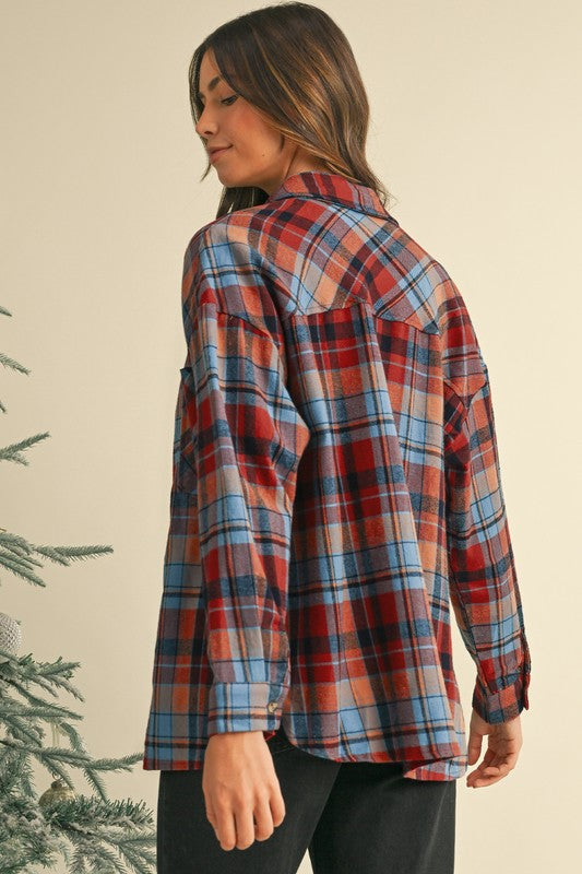 Plaid Print Drop Sleeve Loose Shirt