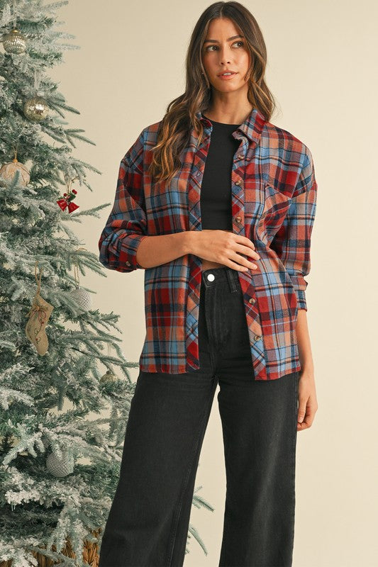 Plaid Print Drop Sleeve Loose Shirt