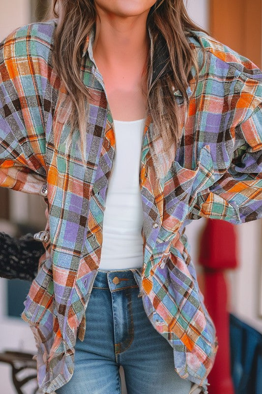 Plaid Print Drop Sleeve Loose Shirt