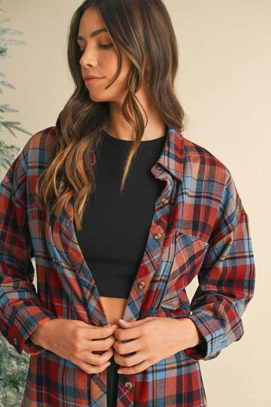 Plaid Print Drop Sleeve Loose Shirt