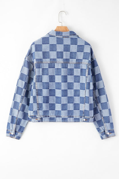 Checkered Patchwork Button Up Denim Jacket