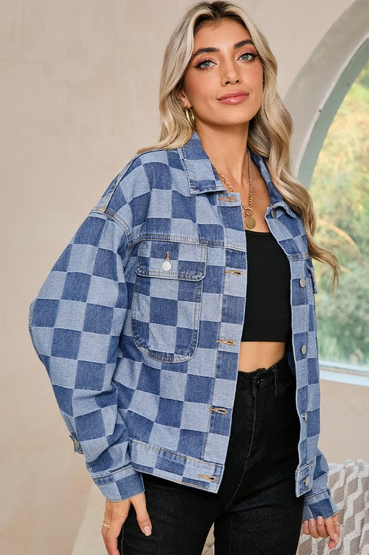 Checkered Patchwork Button Up Denim Jacket