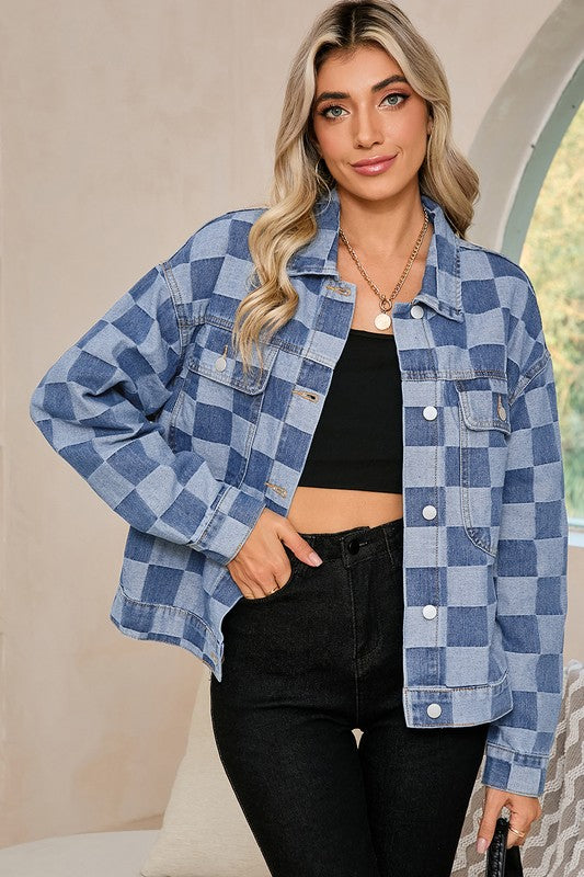 Checkered Patchwork Button Up Denim Jacket