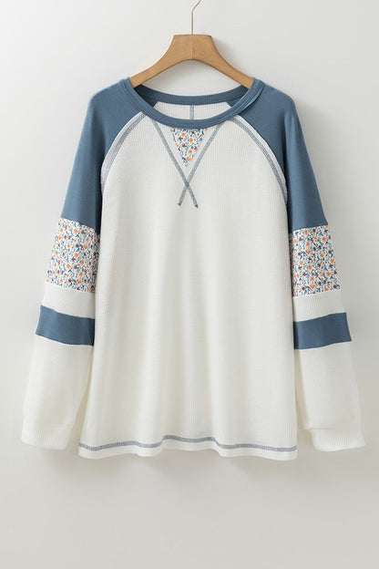 Floral Patchwork Waffle Knit Raglan Sweatshirts