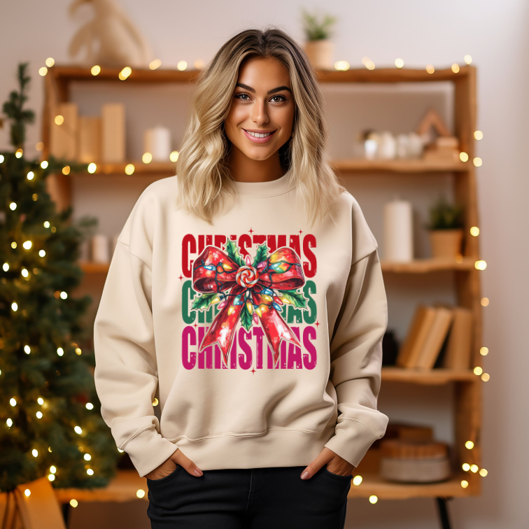 Adult Christmas Faux Neon Glow Bow with Lights Sweatshirt