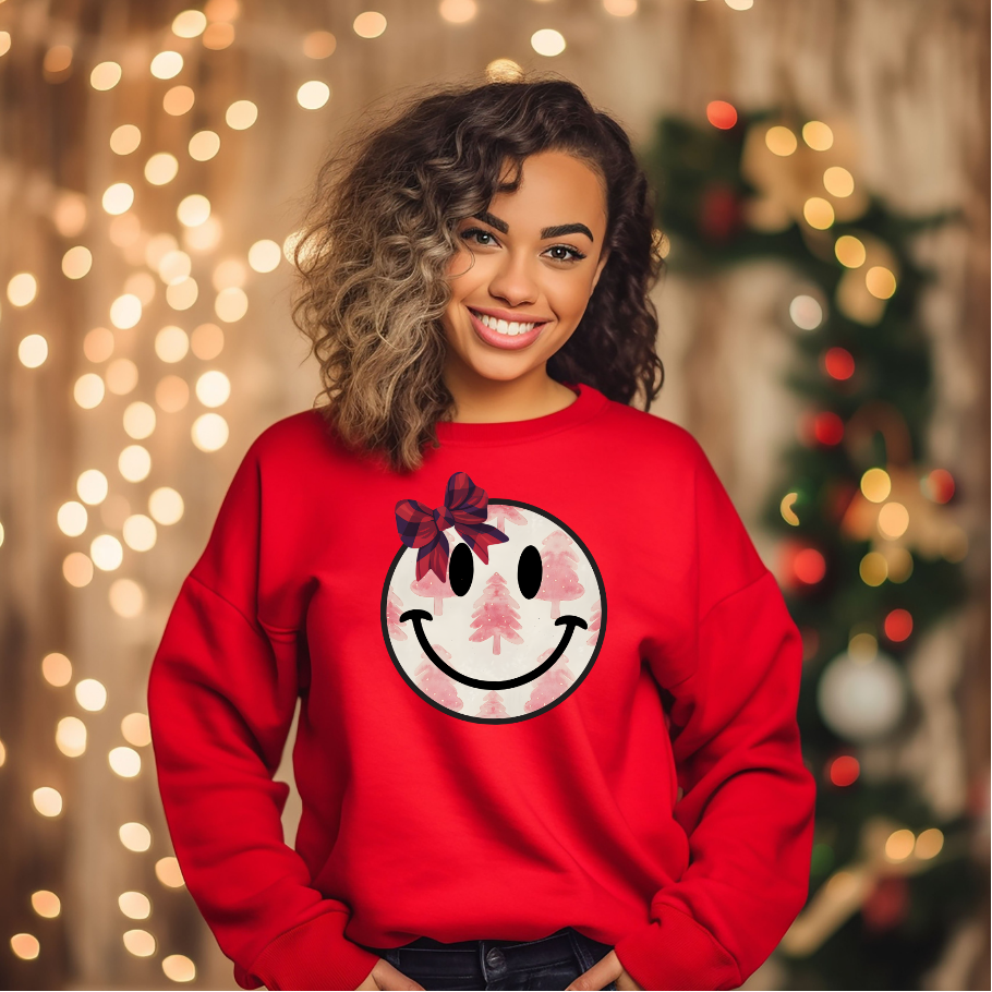 Adult Christmas Tree Smiley Face Sweatshirt