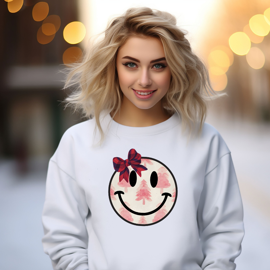 Adult Christmas Tree Smiley Face Sweatshirt