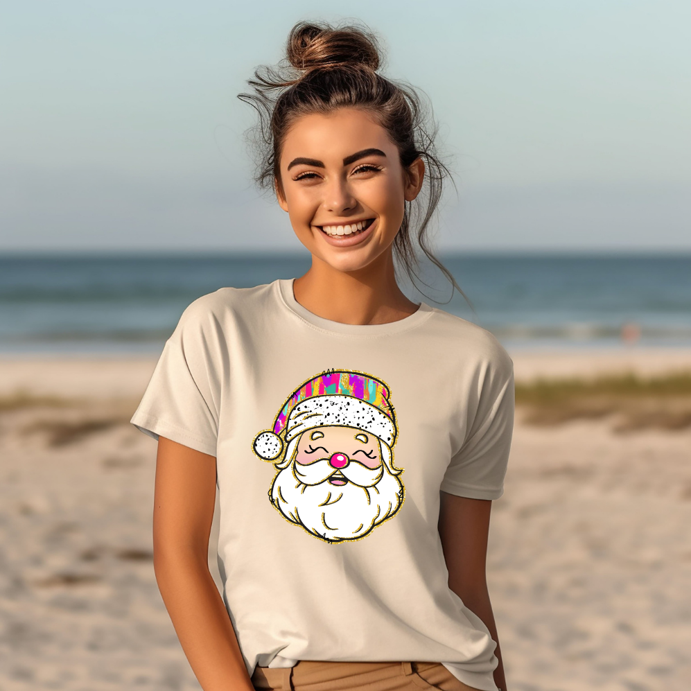 Adult Faux Glitter Colorful Santa T-Shirt