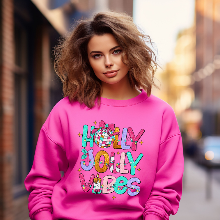 Adult Faux Glitter Holly Jolly Vibes Sweatshirt