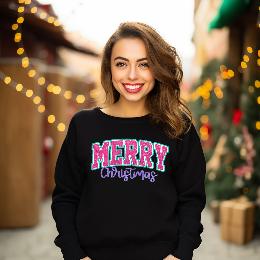 Adult Faux Glitter Merry Christmas Sweatshirt