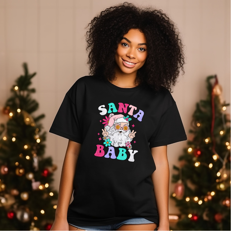 Adult Faux Glitter Santa Baby T-Shirt