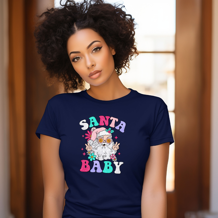 Adult Faux Glitter Santa Baby T-Shirt