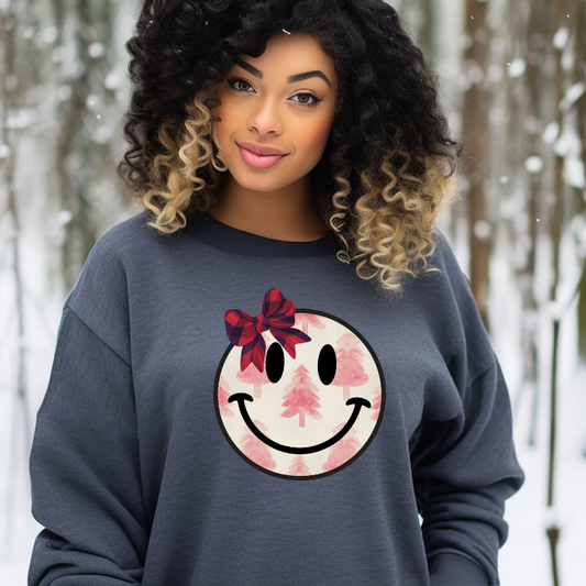 Adult Christmas Tree Smiley Face Sweatshirt