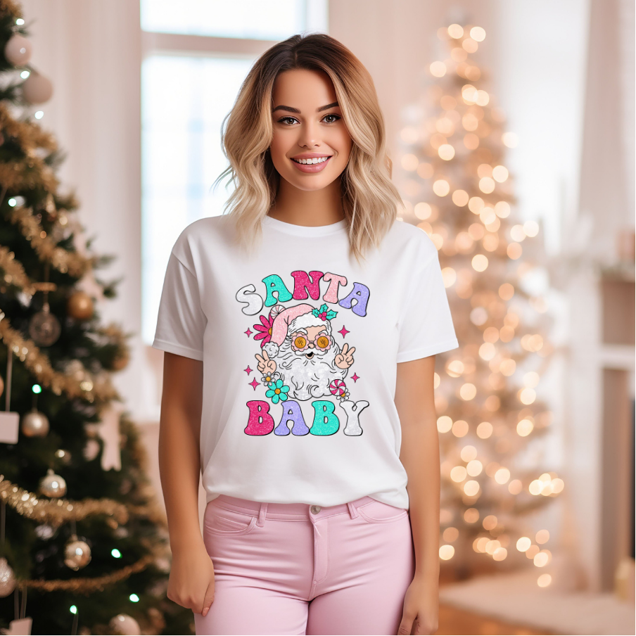 Adult Faux Glitter Santa Baby T-Shirt