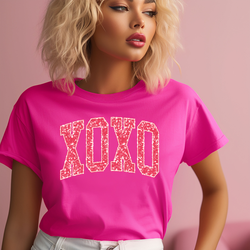 Adult Faux Glitter Varsity XOXO T-Shirt